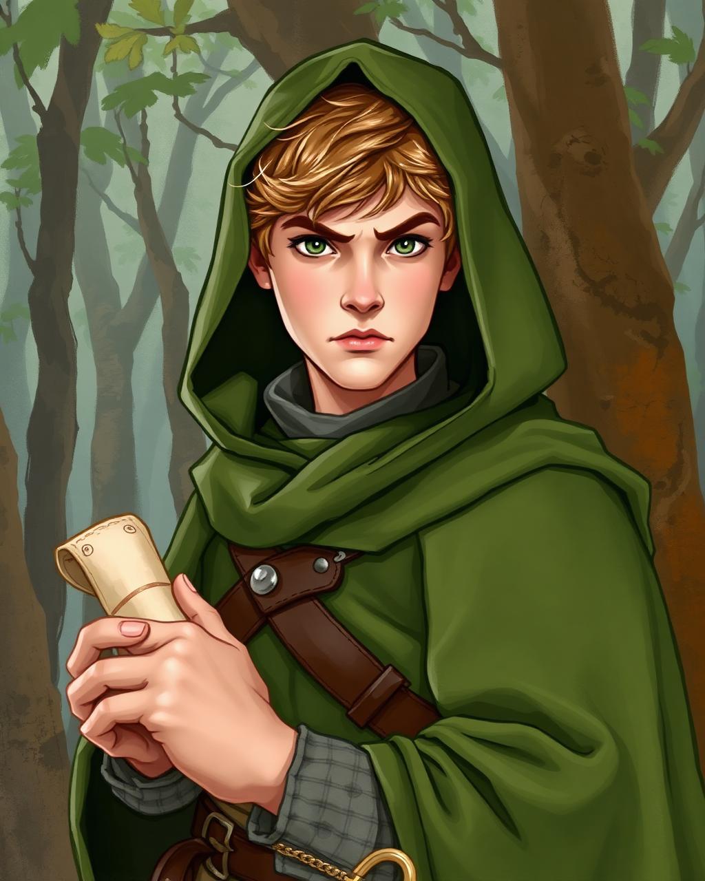 Illustrated portrait of David of Doncaster in a green hooded cloak, holding a rolled map
