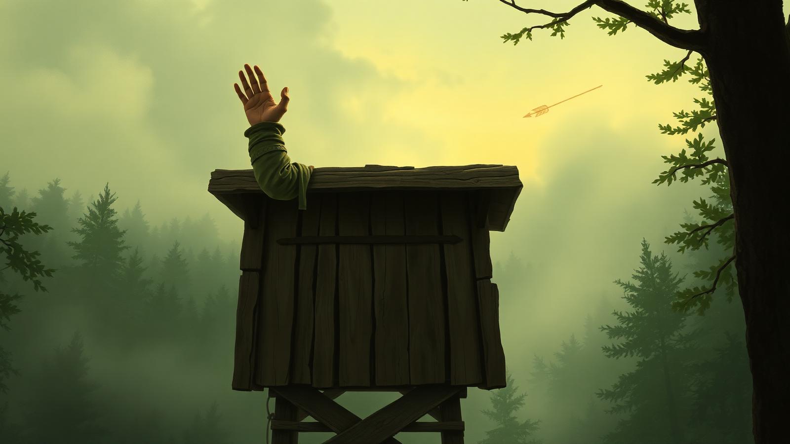 David of Doncaster on a watchtower, raised warning hand, distant golden arrow in a misty Sherwood forest