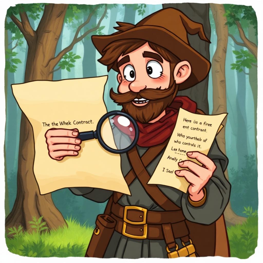 Scout with magnifying glass reading a contract's fine print