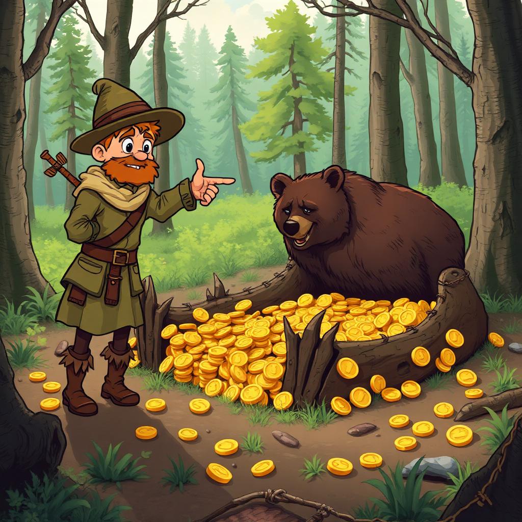 Scout pointing at an obvious bear trap covered in gold coins